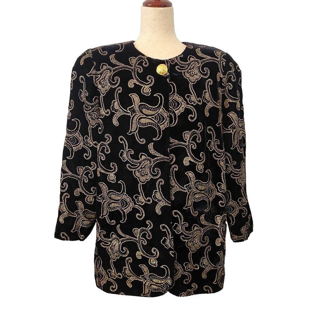 Vtg ANN HOBBS FOR CATTIVA Womens 12 Black Velvet Jacket Open 1 Button Floral USA
